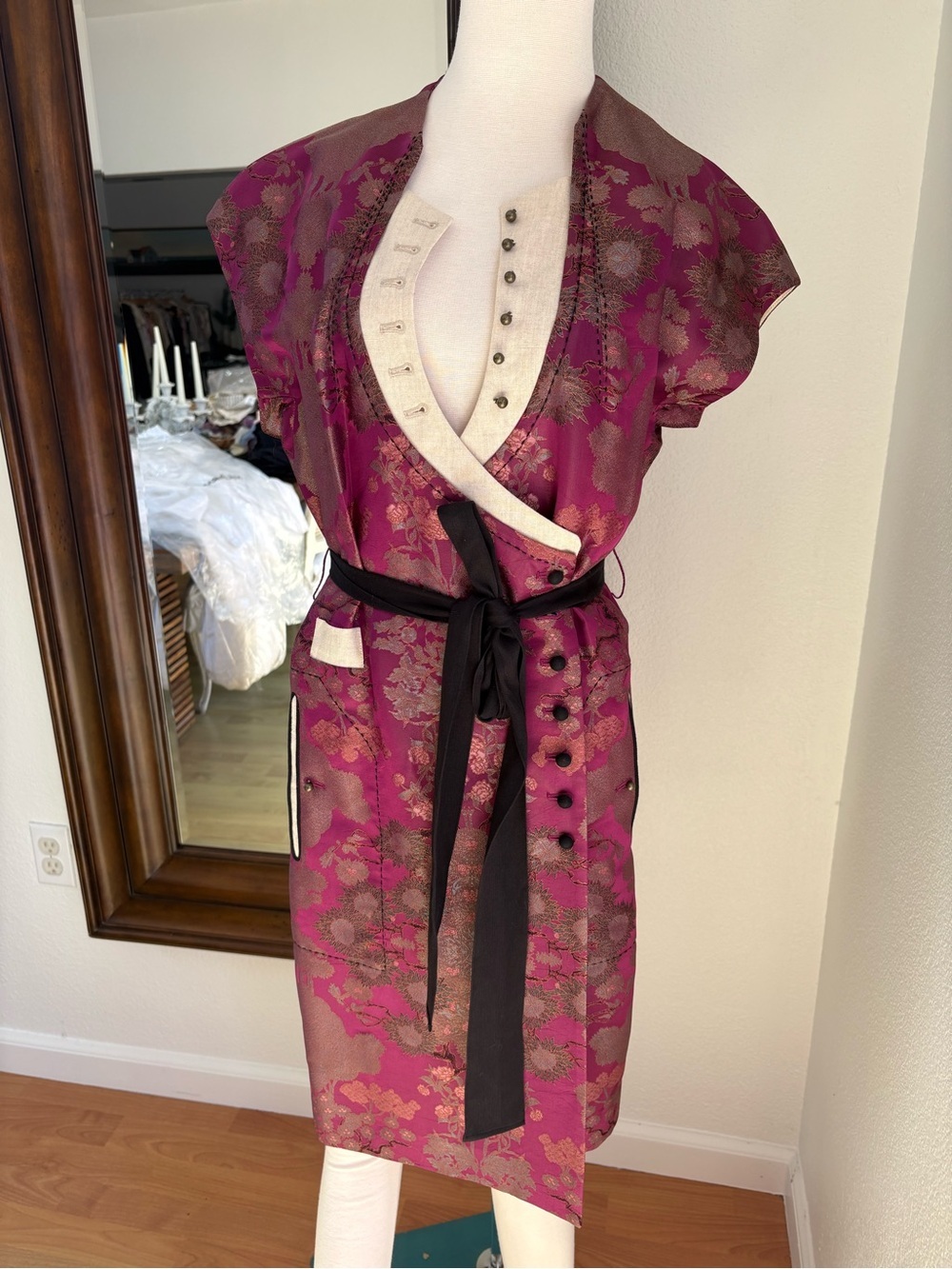 Elegant Fuchsia Floral Wrap Dress with Black Sash
